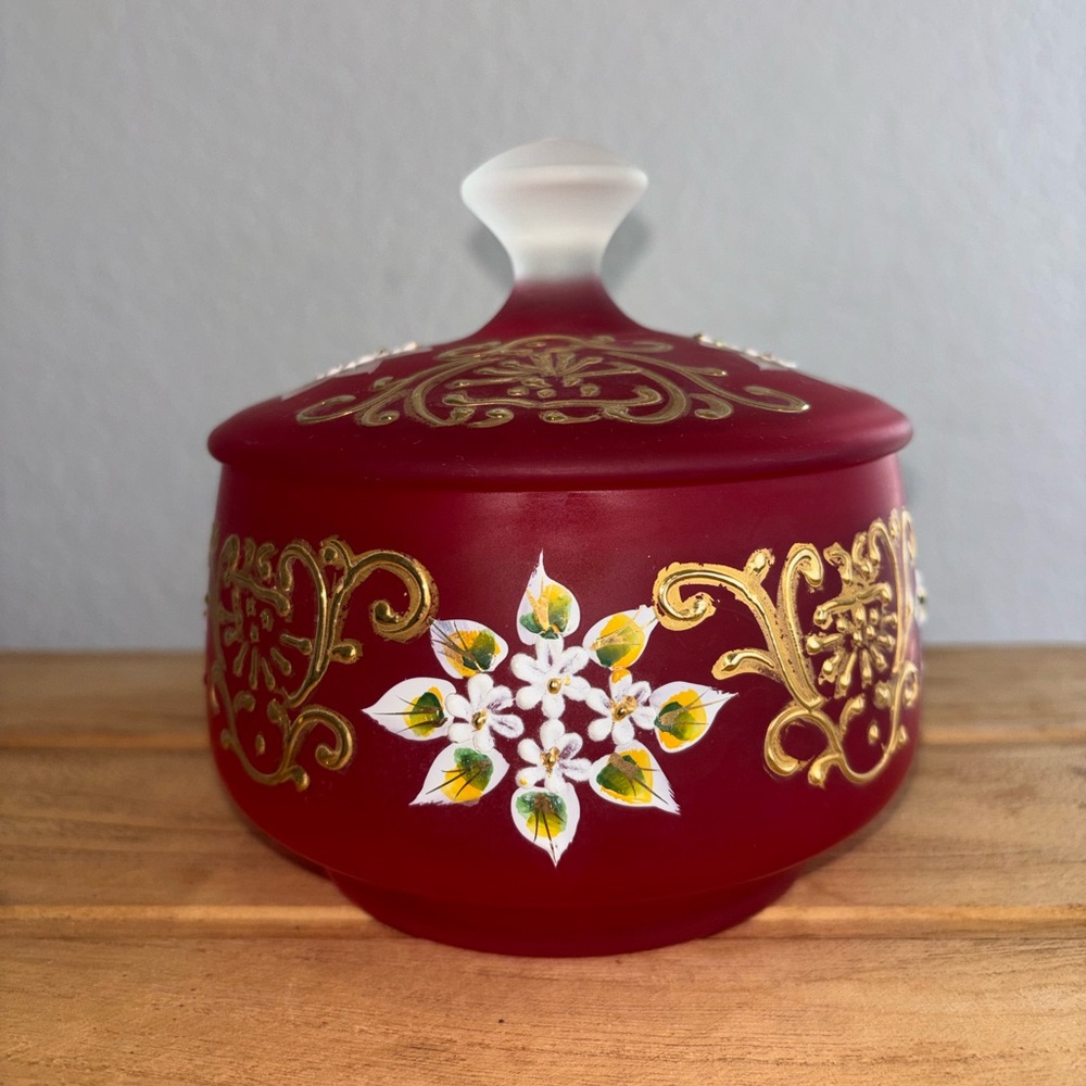 VTG Red Bohemian Art Glass Trinket Box hand-painted floral & gold gilt accents